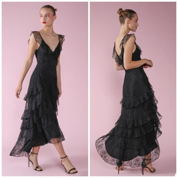 Sau Lee Henrietta Lace Ruffle Tiered Flutter Sleeve Gown Dress Black Formal